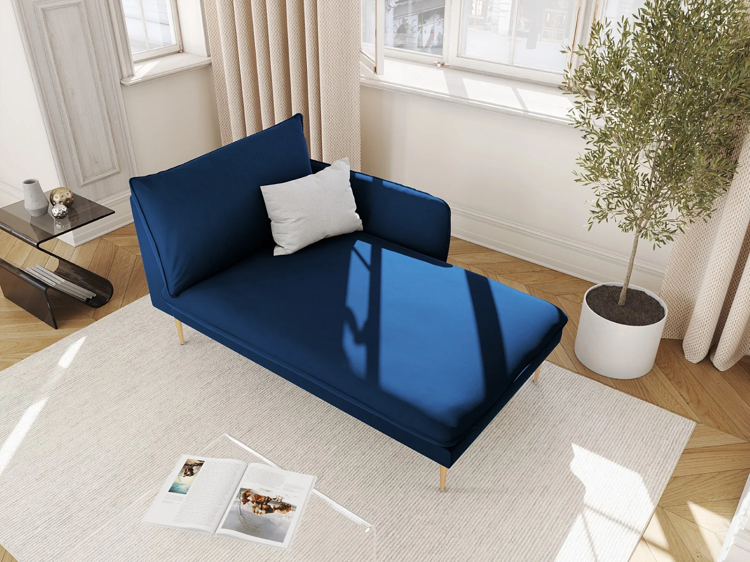 Cosmopolitan Design - Méridienne droite "Vienna" en velours bleu roi - 170x110x95cm