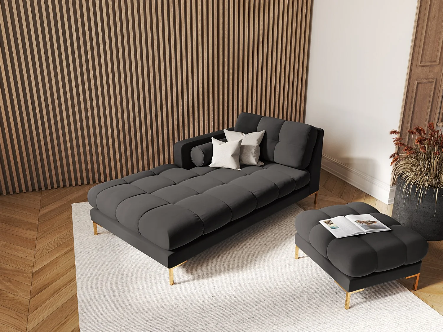 Cosmopolitan Design - Linker meridiaan "Bali" Flueel, Donkergrijs - 185x102x75cm