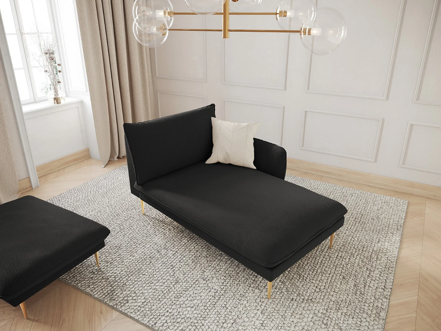 Cosmopolitan Design - Chaise longue direita "Vienna" em tecido bouclé preto - 170x110x95cm