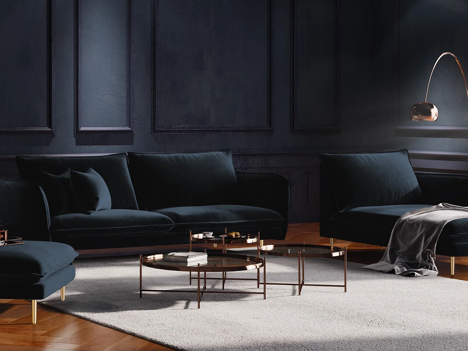 Cosmopolitan Design - Méridienne droite "Vienna" en velours bleu foncé - 170x110x95cm