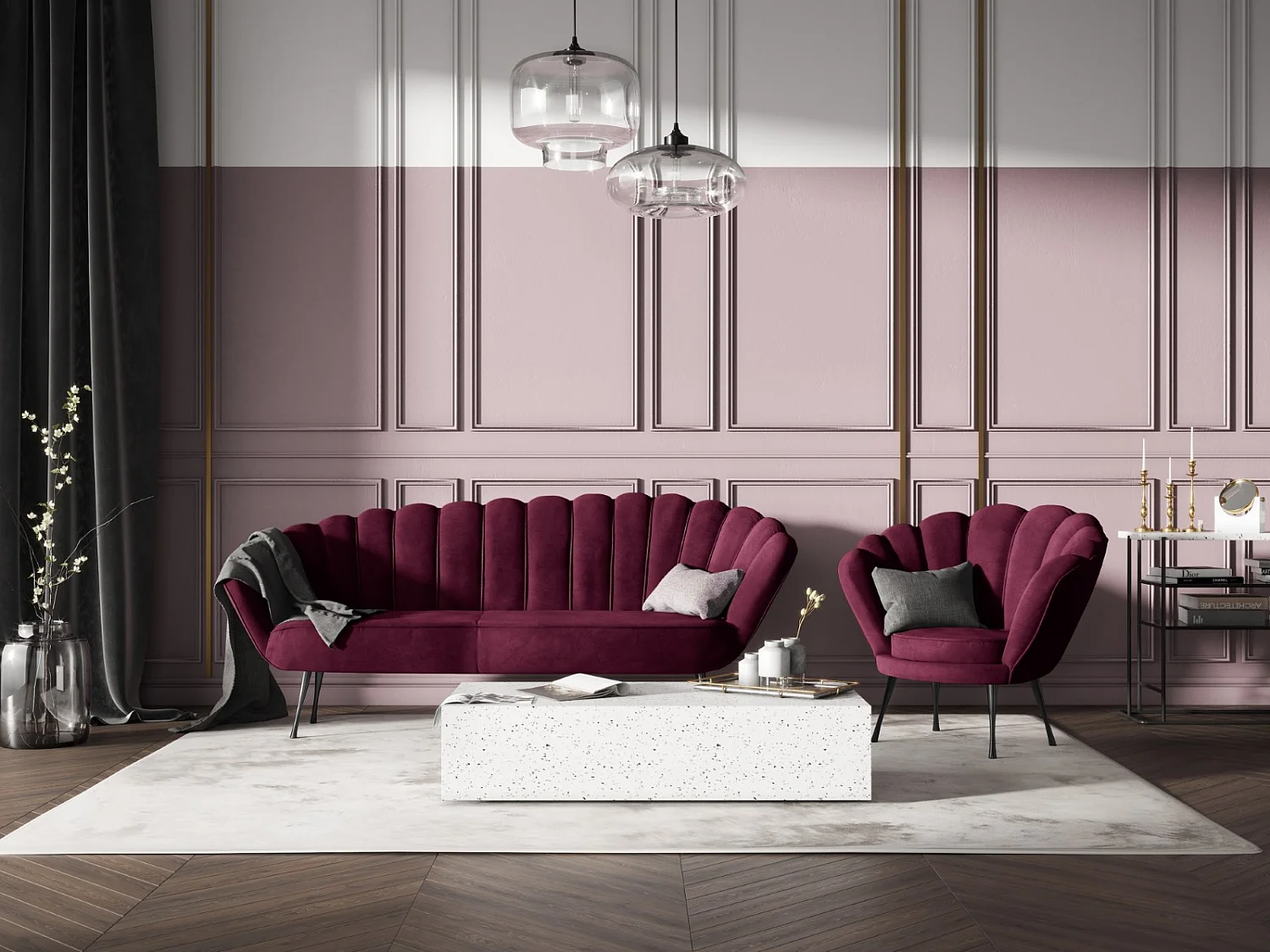 Cosmopolitan Design - Fauteuil "Kingston" en velours pourpre - 98x78x76cm