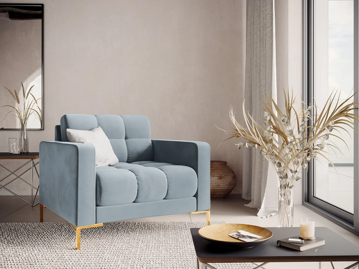 Cosmopolitan Design - Fauteuil "Bali" en velours bleu clair - 87x92x75cm