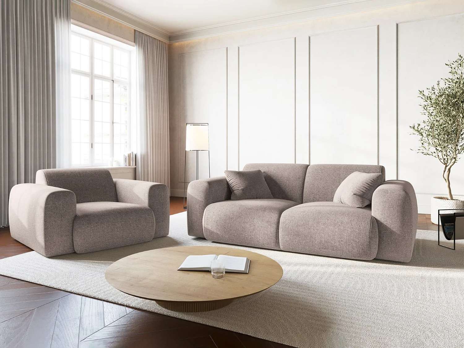 Cosmopolitan Design - Fauteuil "Nolio" 2 places en chenille beige - 105x95x72cm