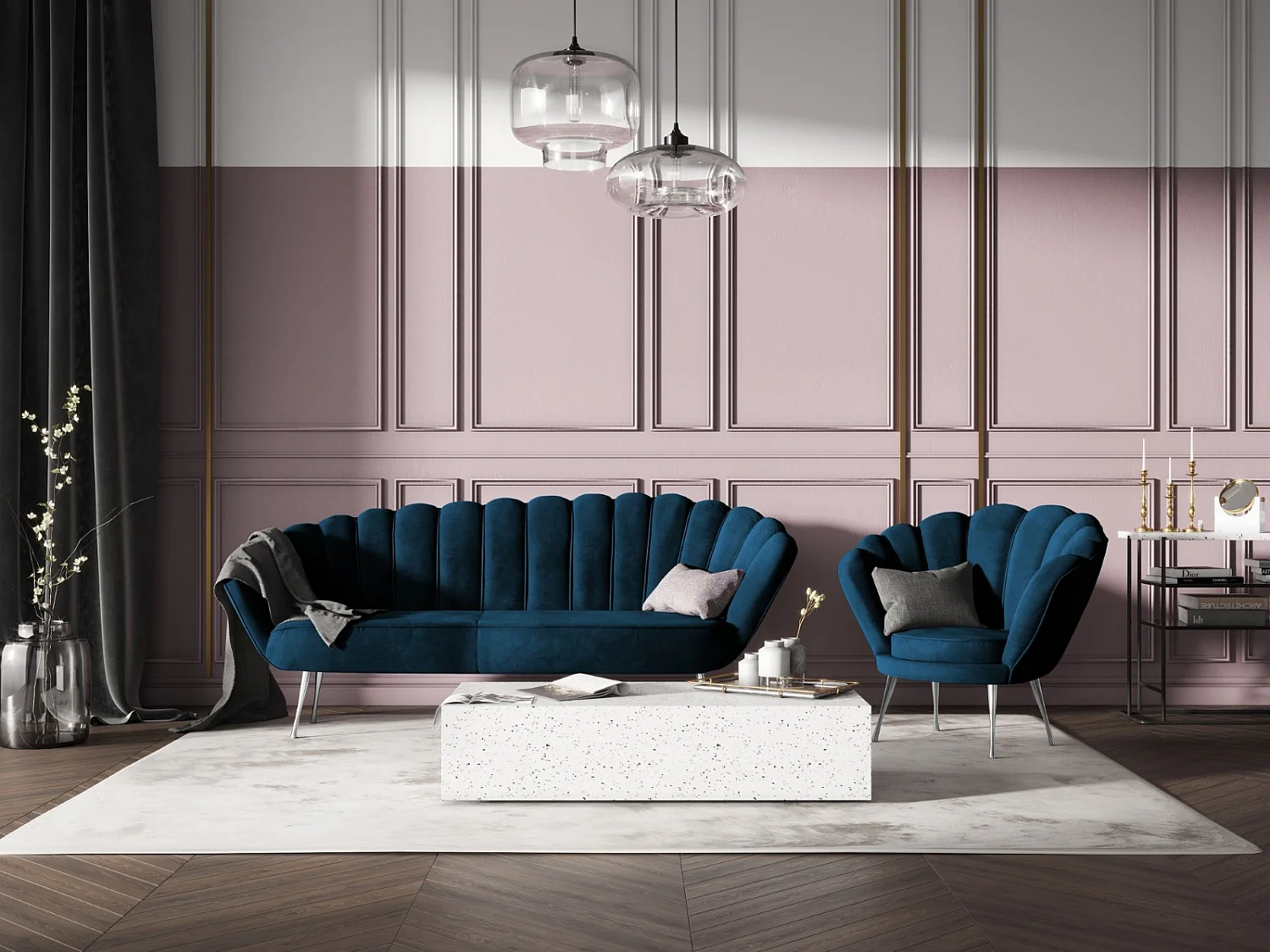 Cosmopolitan Design - Fauteuil "Kingston" Flueel, Marineblauw - 98x78x76cm