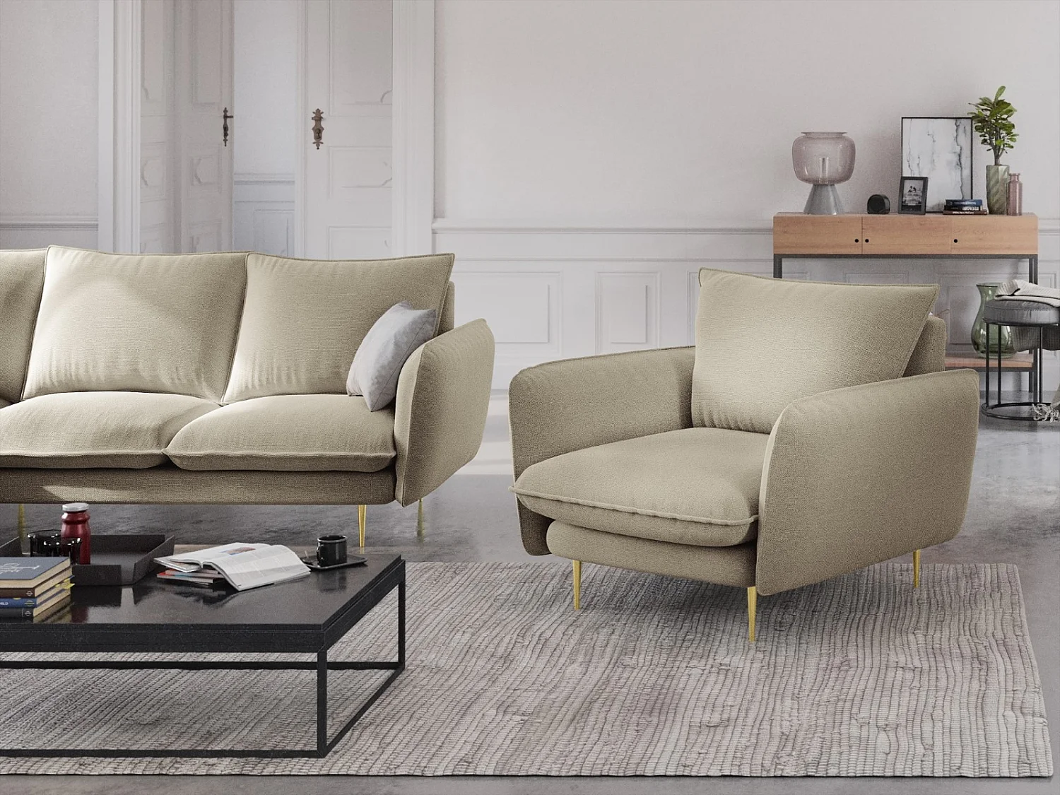 Cosmopolitan Design - Fauteuil "Vienna" en tissu structurel beige - 97x94x95cm