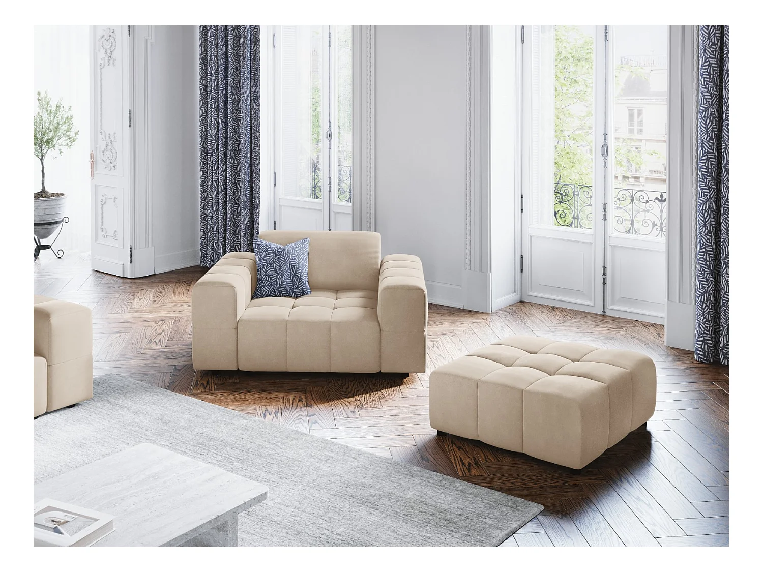 CXL by Christian Lacroix - Sessel "Luc" Sitzer aus Samt leichtes beige - 124x102x70cm