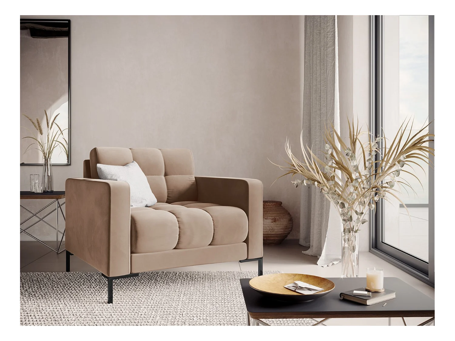 Cosmopolitan Design - Fauteuil "Bali" en velours beige - 87x92x75cm