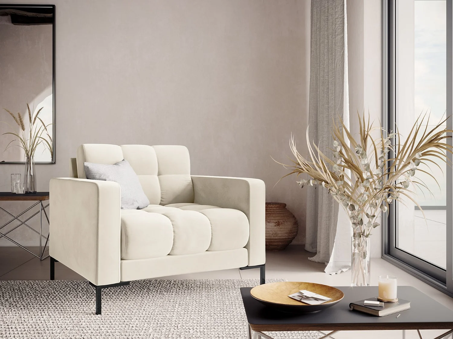 Cosmopolitan Design - Fauteuil "Bali" en velours beige clair - 87x92x75cm