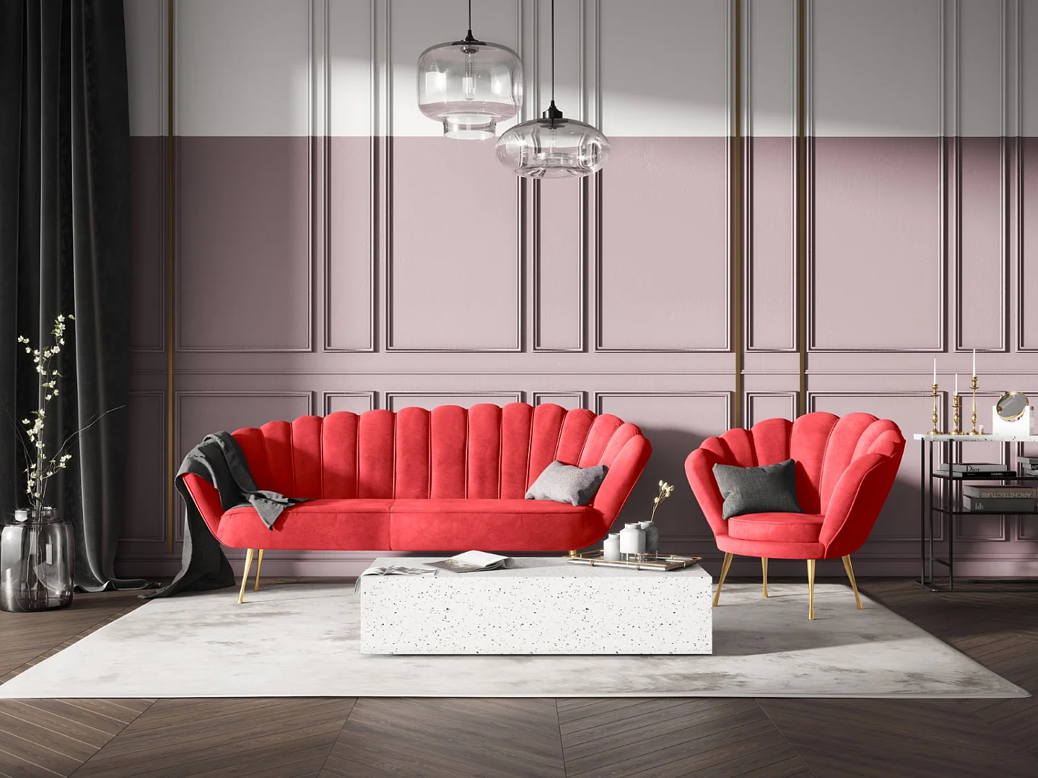 Cosmopolitan Design - Fauteuil "Kingston" Flueel, Rood - 98x78x76cm