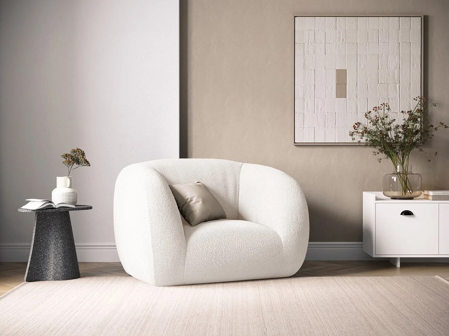 Cosmopolitan Design - Fauteuil "Essen" en bouclé blanc - 130x95x86cm