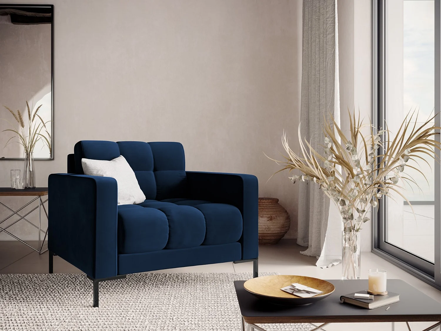 Cosmopolitan Design - Fauteuil "Bali" en velours bleu roi - 87x92x75cm