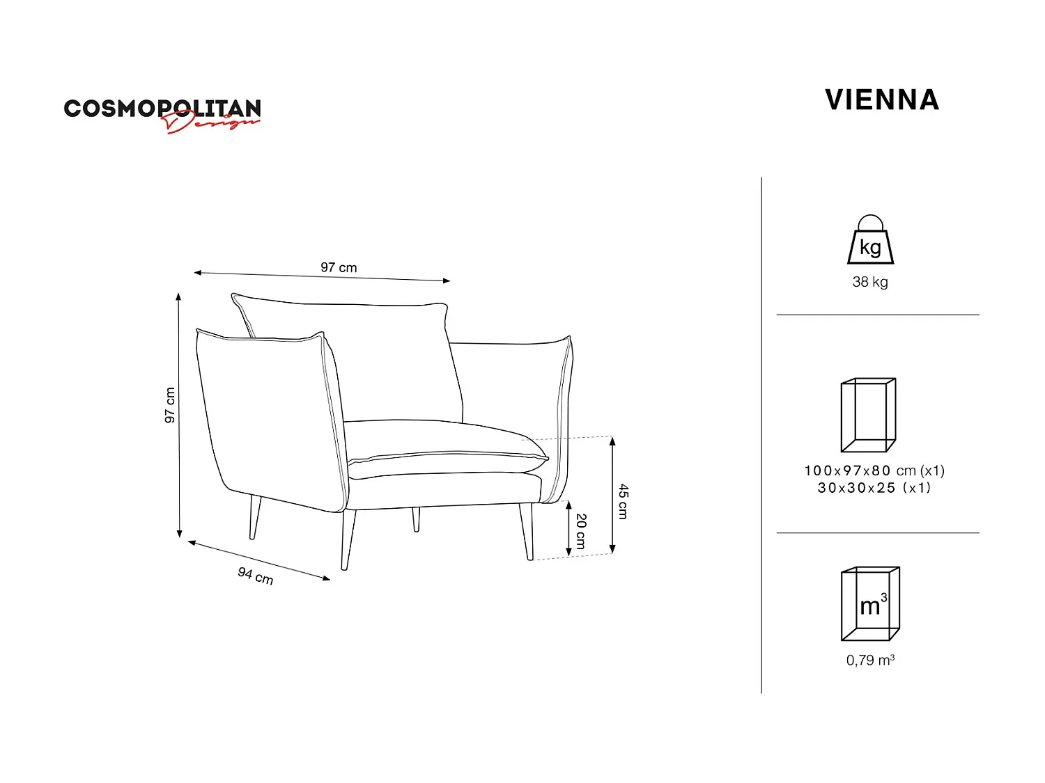 Cosmopolitan Design - Fauteuil "Vienna" Flueel, Lavendel - 97x94x95cm
