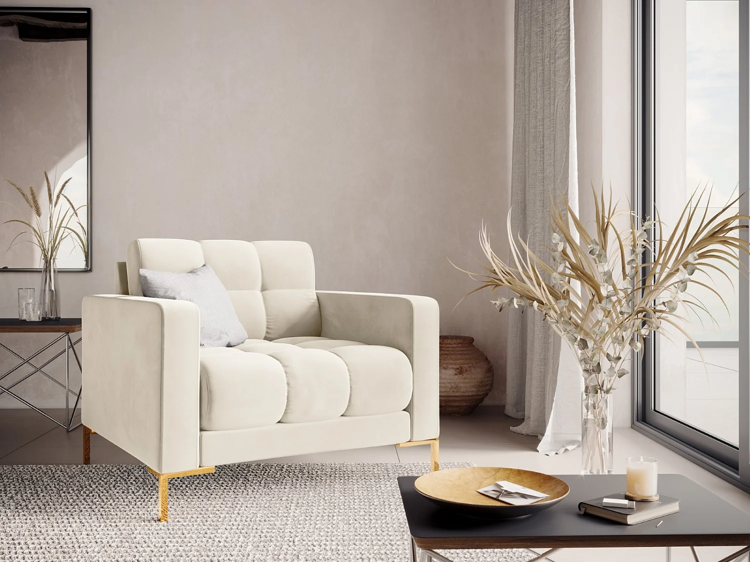 Cosmopolitan Design - Fauteuil "Bali" Flueel, Lichtbeige - 87x92x75cm