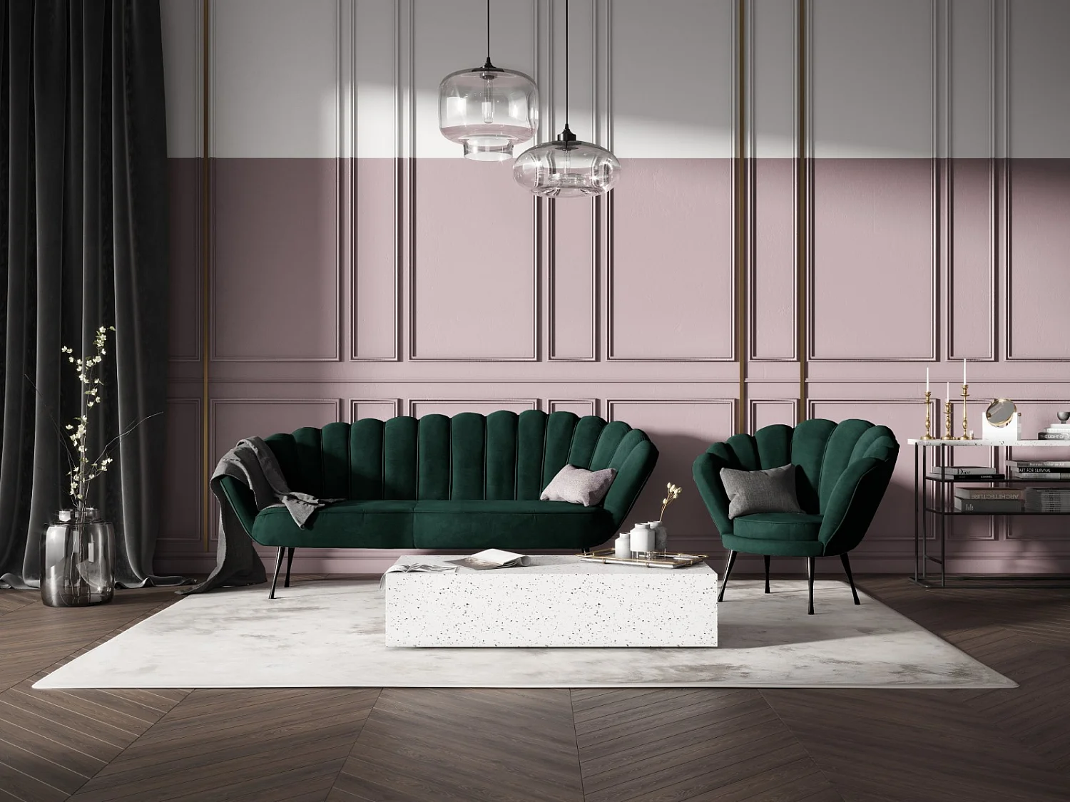 Cosmopolitan Design - Fauteuil "Kingston" en velours vert bouteille - 98x78x76cm