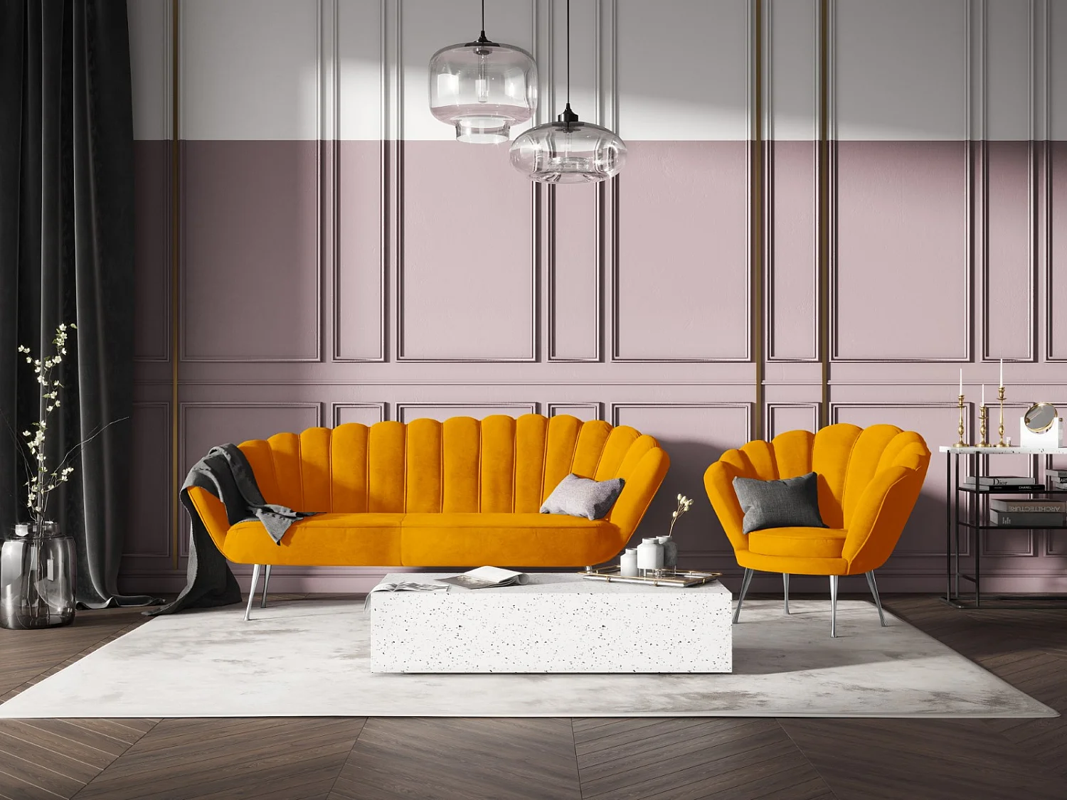 Cosmopolitan Design - Fauteuil "Kingston" en velours orange - 98x78x76cm