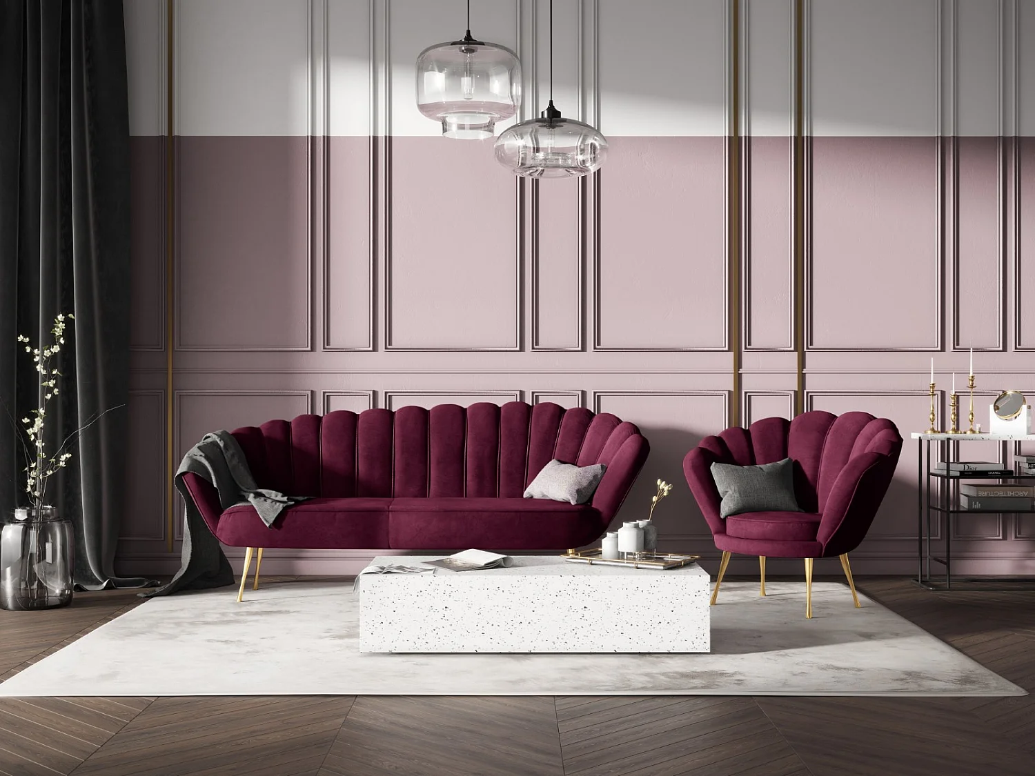 Cosmopolitan Design - Fauteuil "Kingston" Flueel, Paars - 98x78x76cm