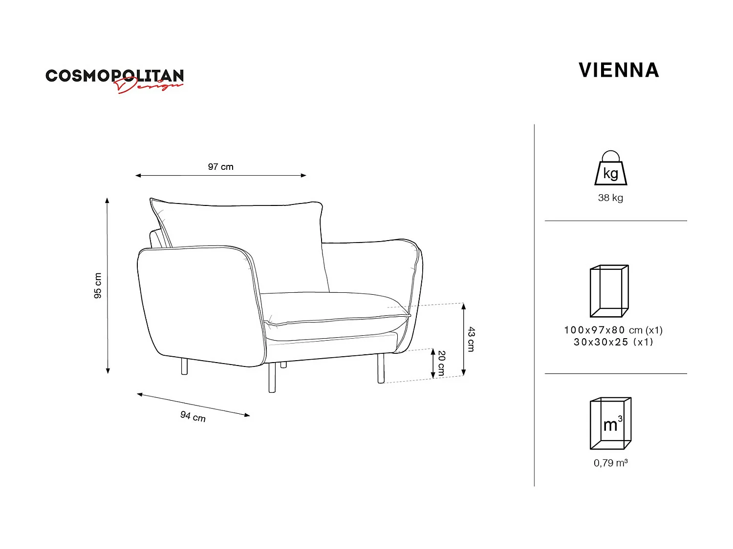 Cosmopolitan Design - Poltrona "Vienna" em veludo bege claro - 97x94x95cm