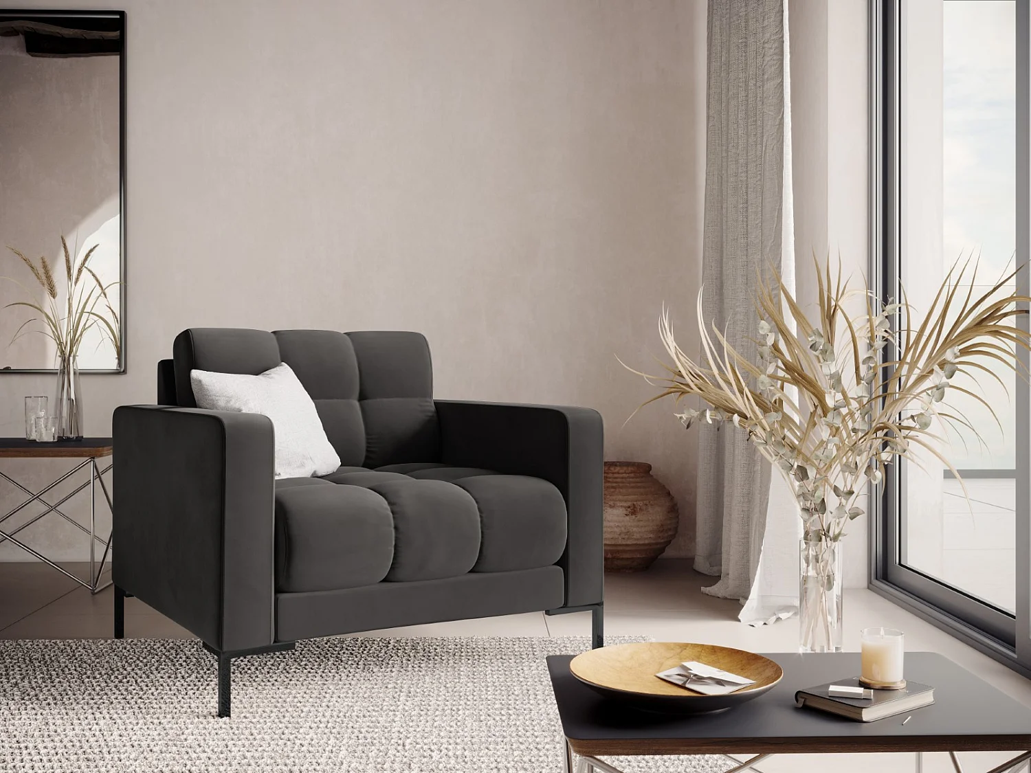 Cosmopolitan Design - Fauteuil "Bali" en velours gris foncé - 87x92x75cm