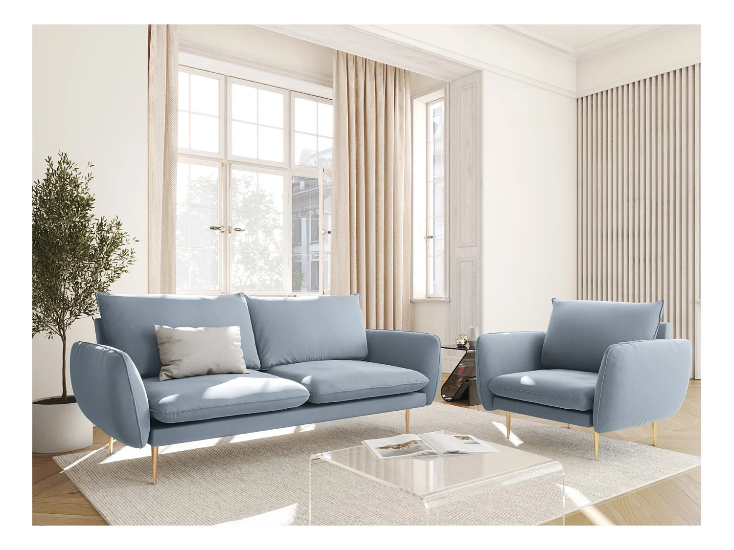 Cosmopolitan Design - Sessel "Vienna" aus Samt hellblau - 97x94x95cm