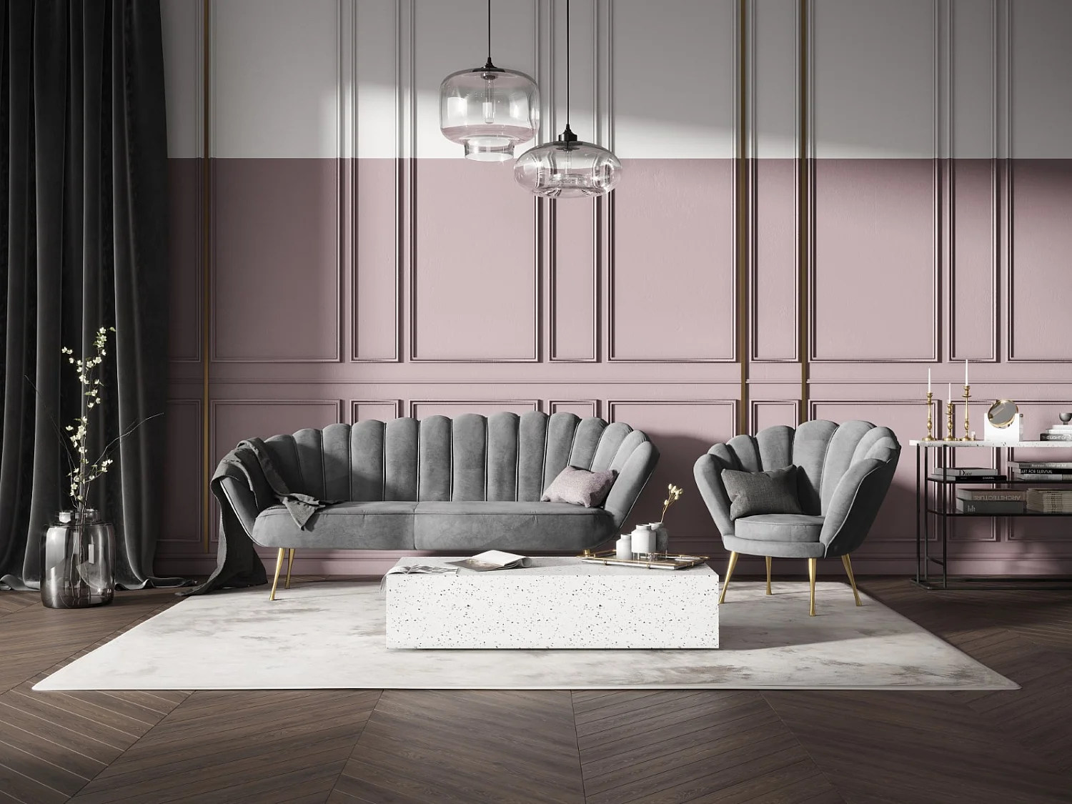 Cosmopolitan Design - Fauteuil "Kingston" Flueel, Lichtgrijs - 98x78x76cm