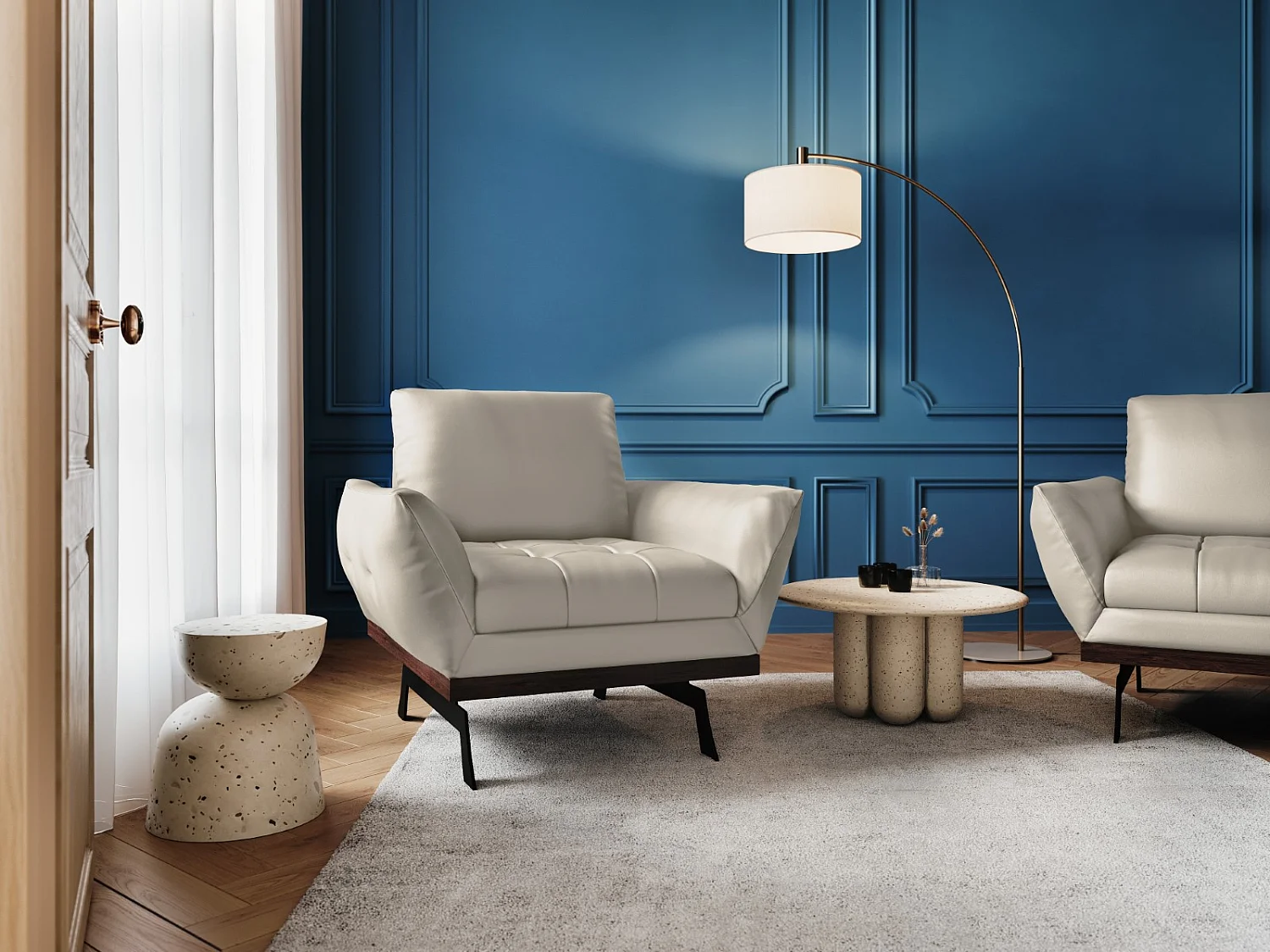 CXL by Christian Lacroix - Fauteuil "Olivier" Echt leer, Lichtgrijs - 95x95x87cm