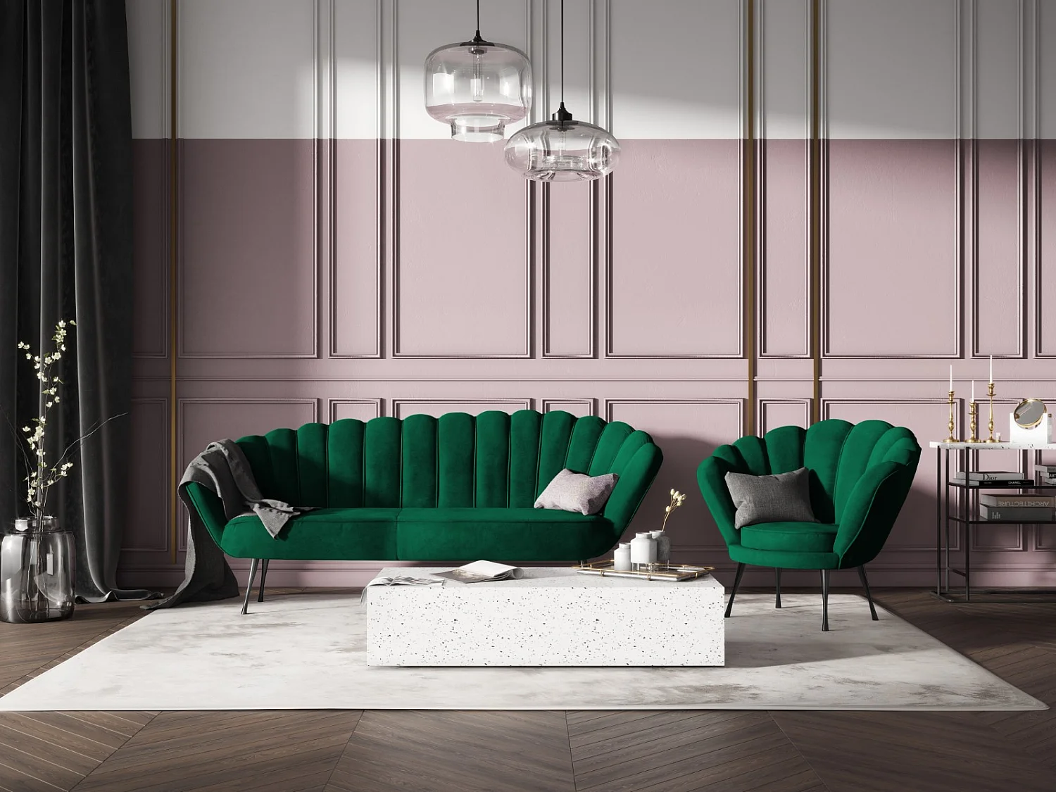 Cosmopolitan Design - Fauteuil "Kingston" en velours vert bouteille - 98x78x76cm