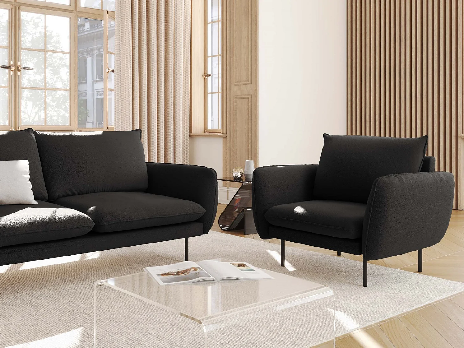 Cosmopolitan Design - Sessel "Vienna" aus Boucle schwarz - 97x94x95cm