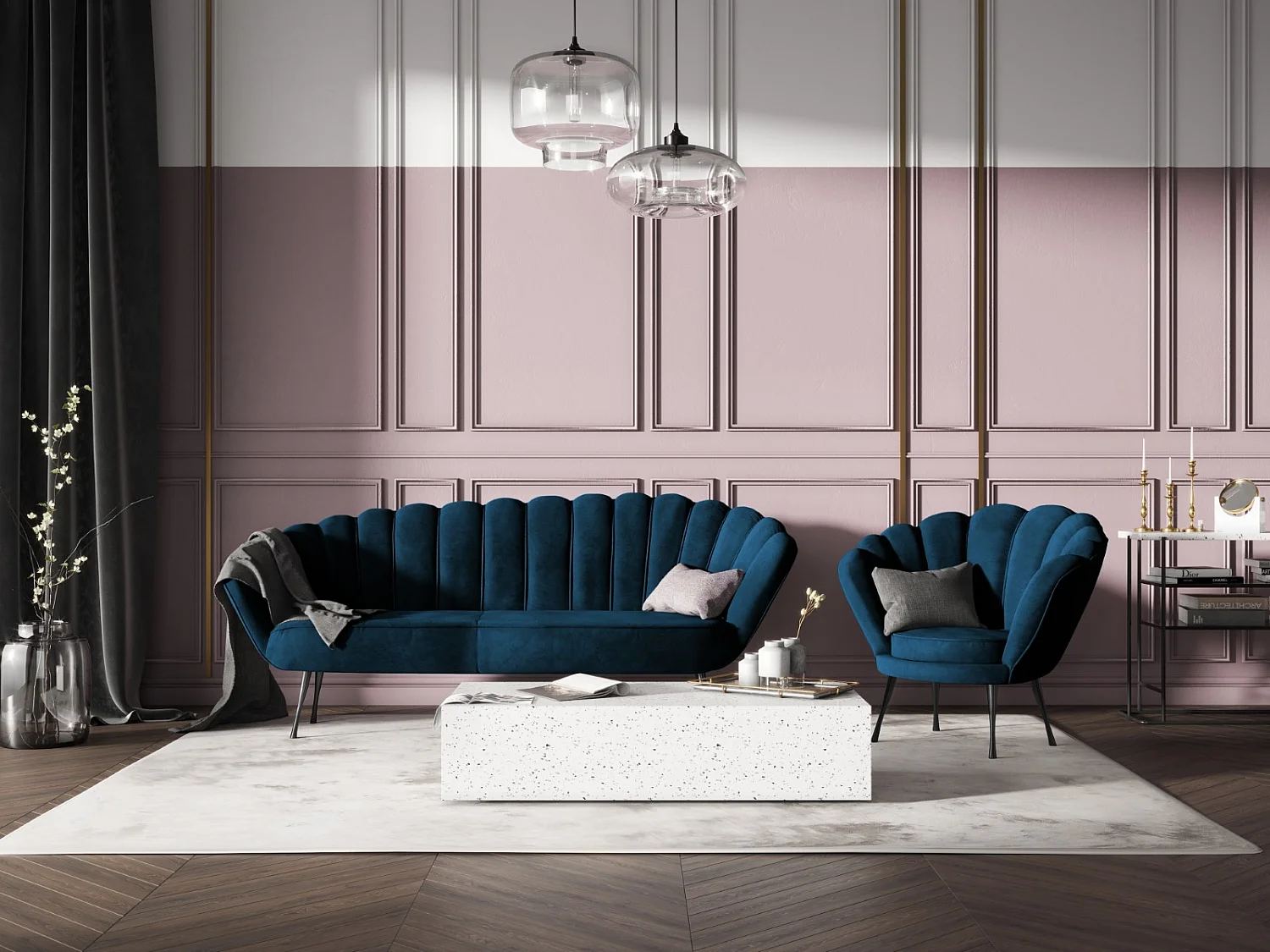 Cosmopolitan Design - Fauteuil "Kingston" Flueel, Marineblauw - 98x78x76cm