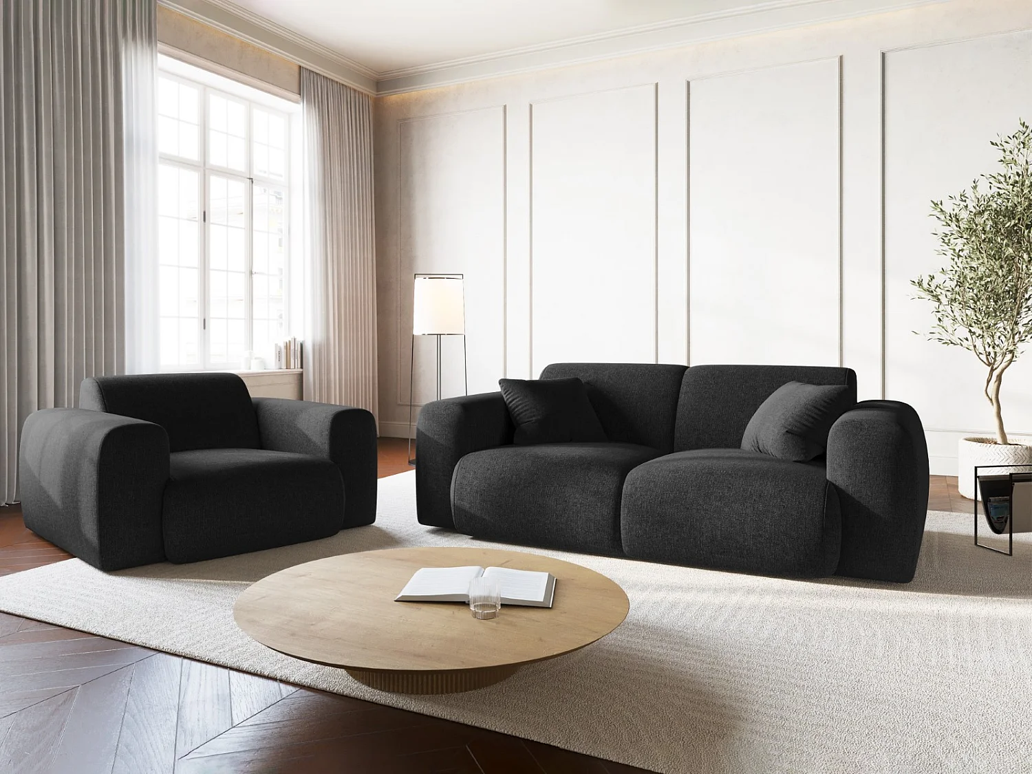 Cosmopolitan Design - Fauteuil "Nolio" 2 zitplaatsen, Chenille, Zwart - 105x95x72cm