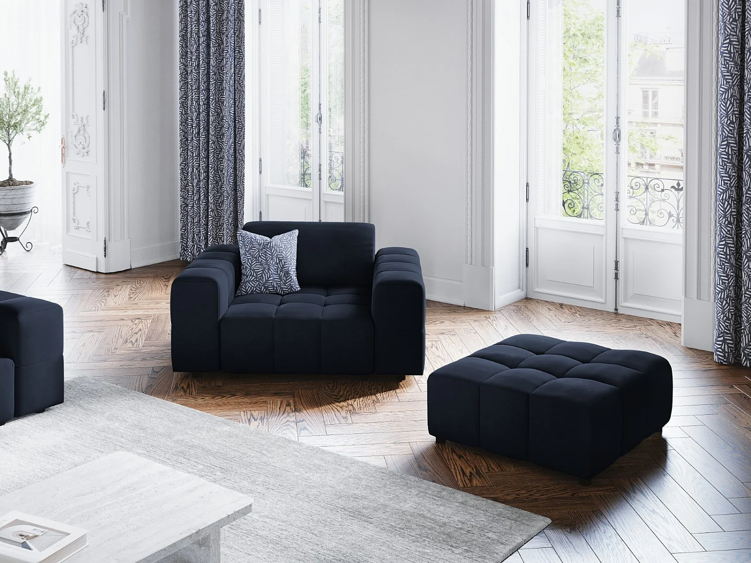 CXL by Christian Lacroix - Fauteuil "Luc" Flueel, Donkerblauw - 124x102x70cm