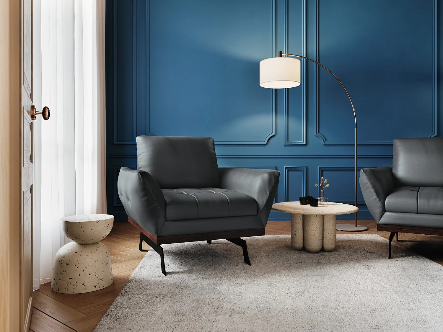 CXL by Christian Lacroix - Poltrona "Olivier" in pelle naturale blu grigio - 95x95x87cm