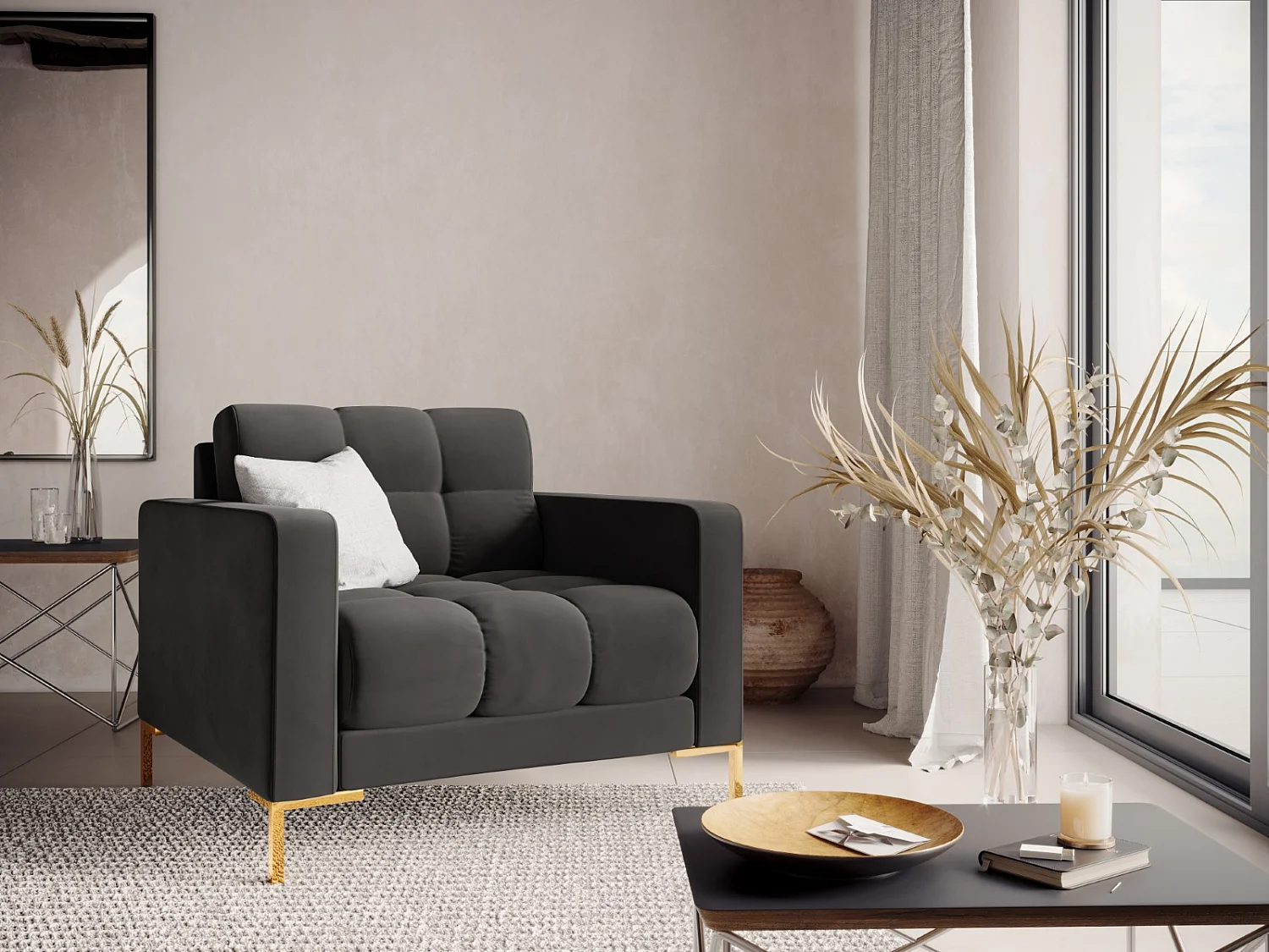 Cosmopolitan Design - Fauteuil "Bali" en velours gris foncé - 87x92x75cm