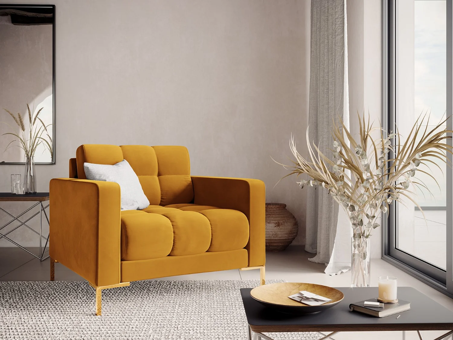 Cosmopolitan Design - Fauteuil "Bali" en velours jaune - 87x92x75cm