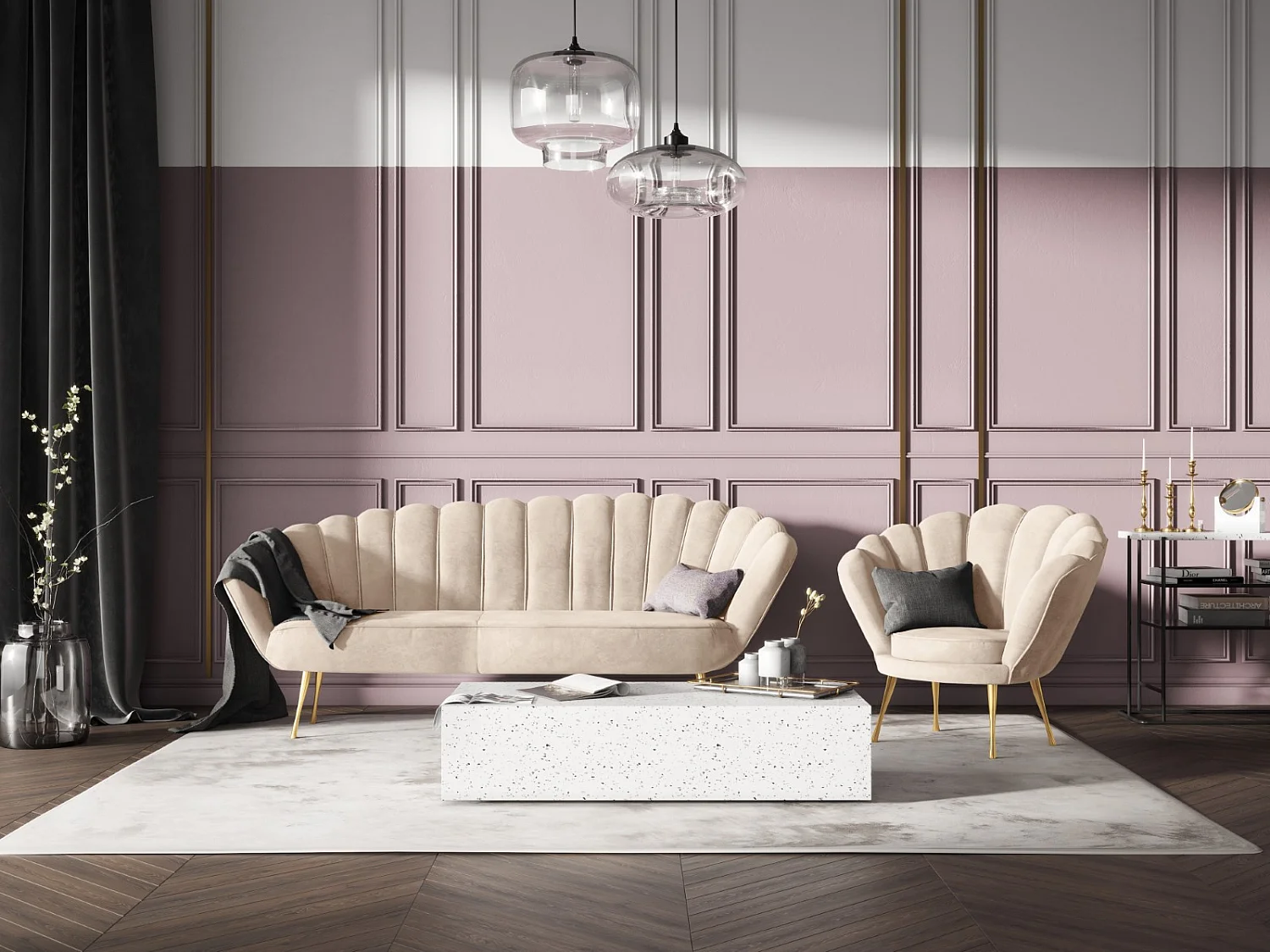 Cosmopolitan Design - Fauteuil "Kingston" en velours beige clair - 98x78x76cm