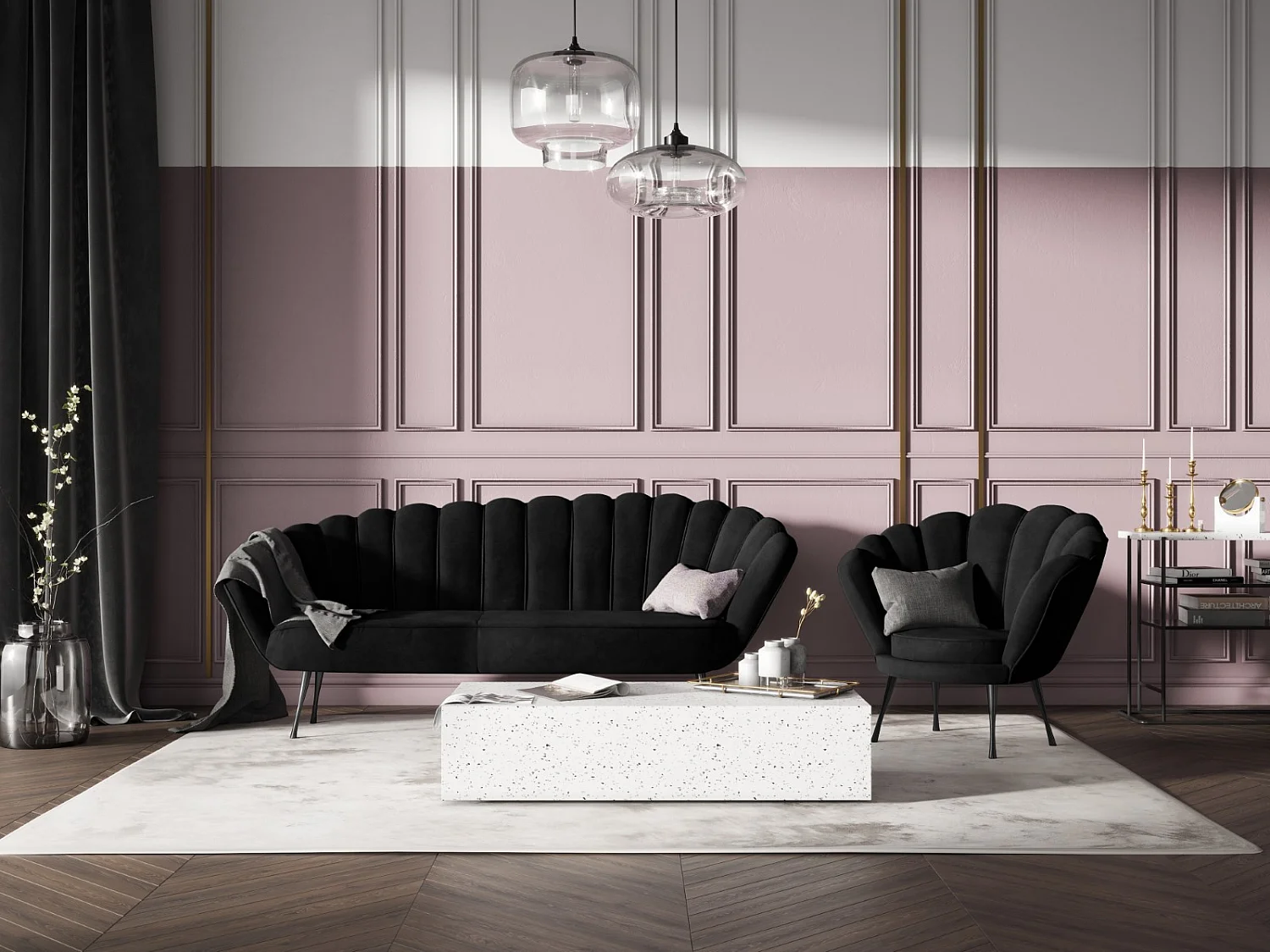 Cosmopolitan Design - Fauteuil "Kingston" Flueel, Zwart - 98x78x76cm