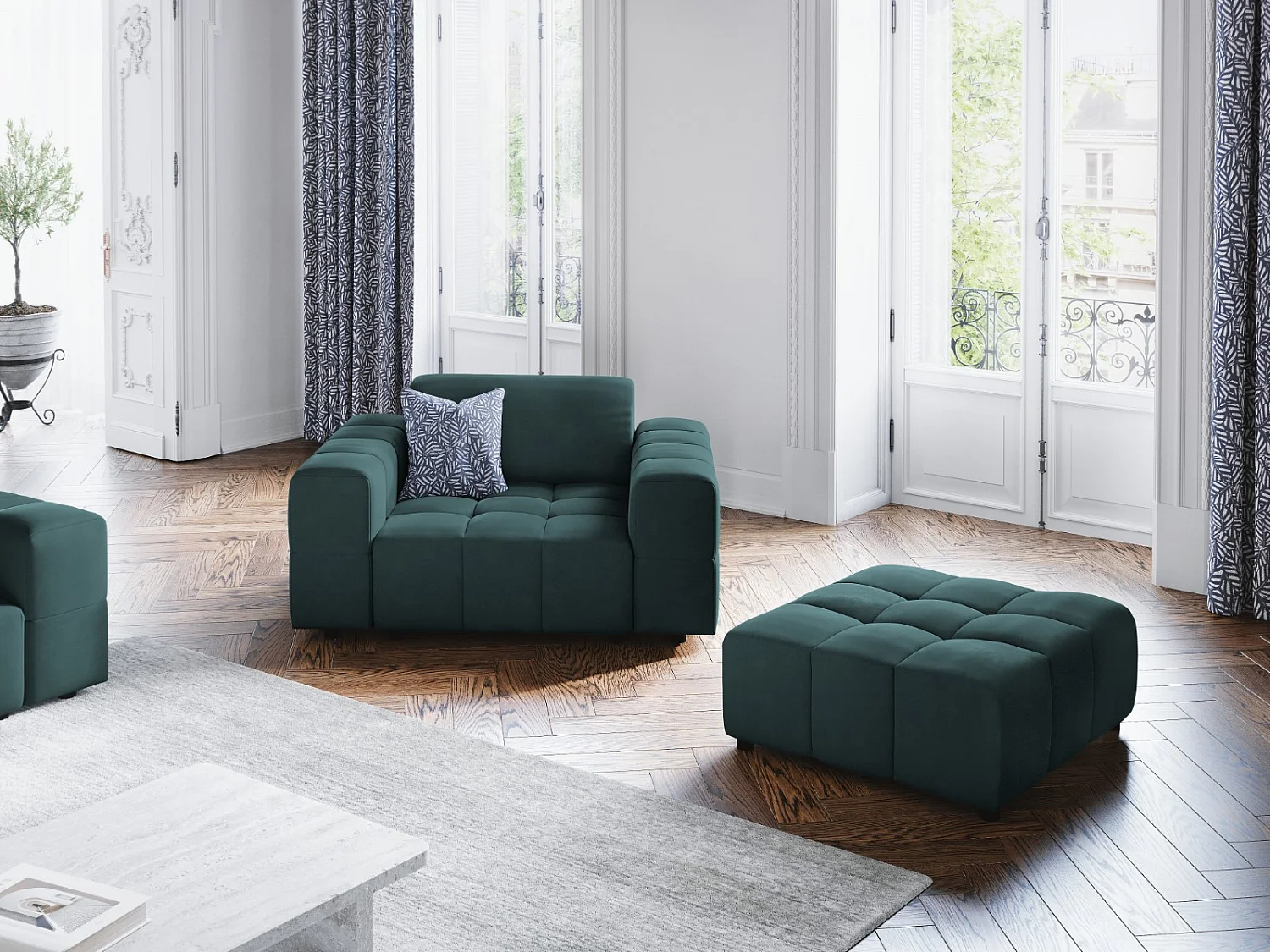 CXL by Christian Lacroix - Fauteuil "Luc" en velours pétrole - 124x102x70cm