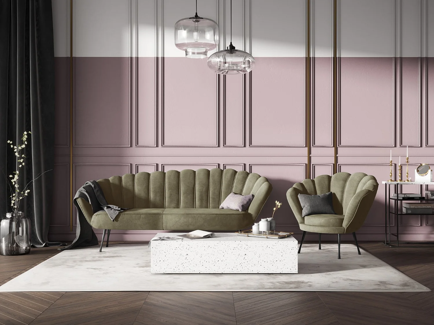 Cosmopolitan Design - Fauteuil "Kingston" en velours vert - 98x78x76cm