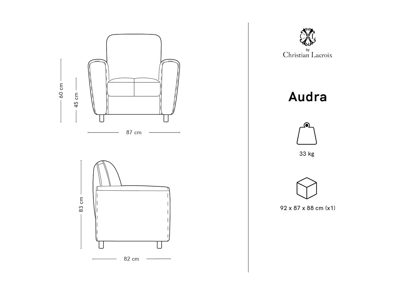 CXL by Christian Lacroix - Fauteuil "Audra" en cuir véritable marron - 87x82x83cm