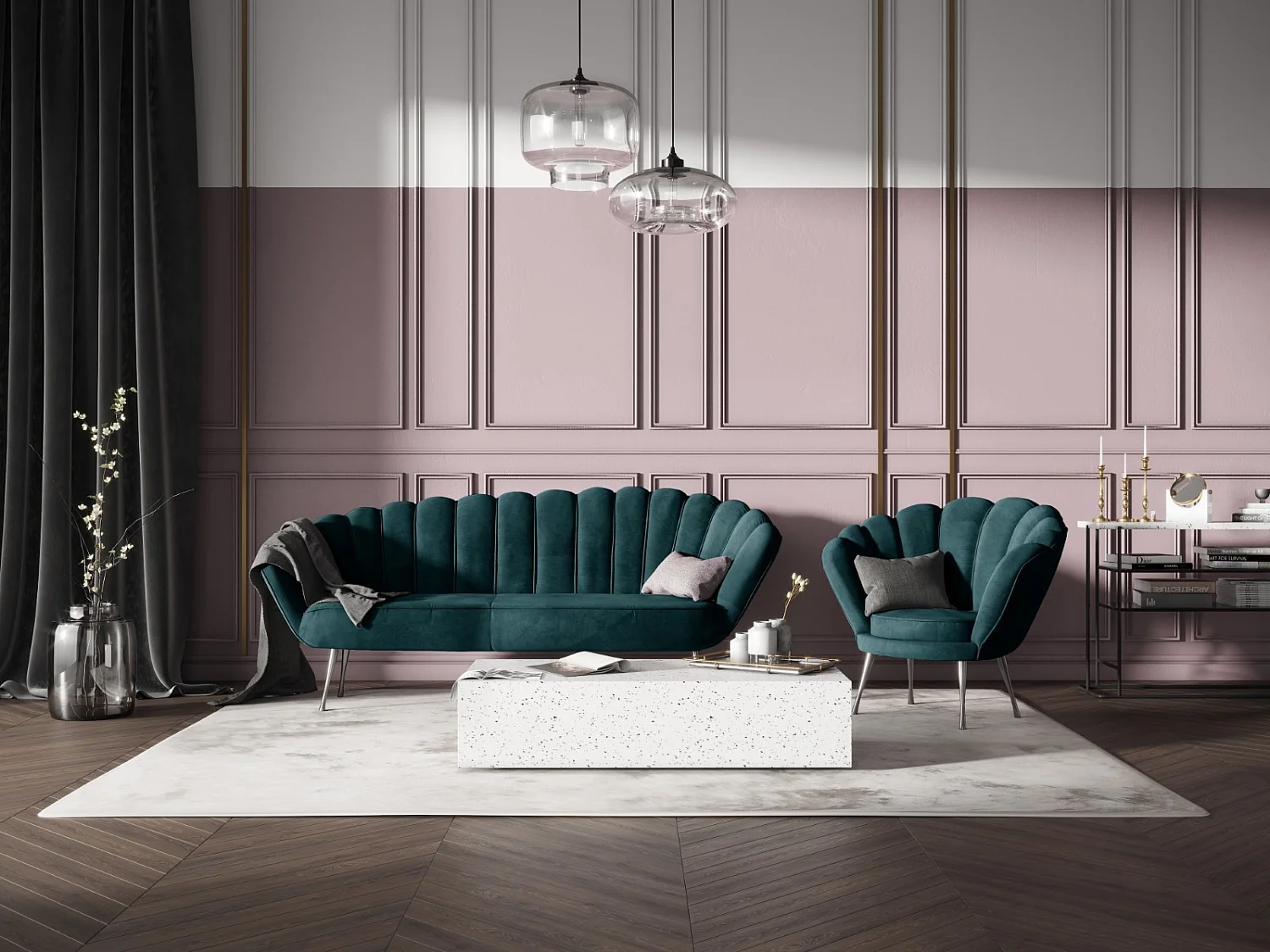 Cosmopolitan Design - Poltrona "Kingston" in velluto petrolio - 98x78x76cm