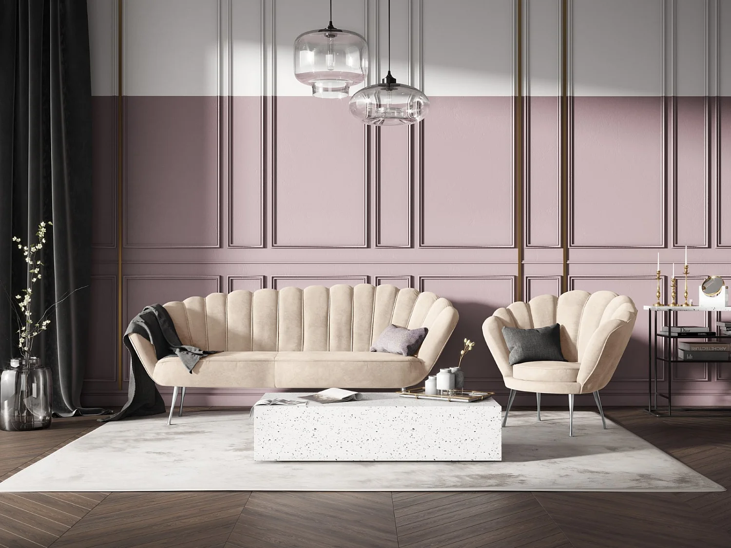 Cosmopolitan Design - Fauteuil "Kingston" en velours beige clair - 98x78x76cm