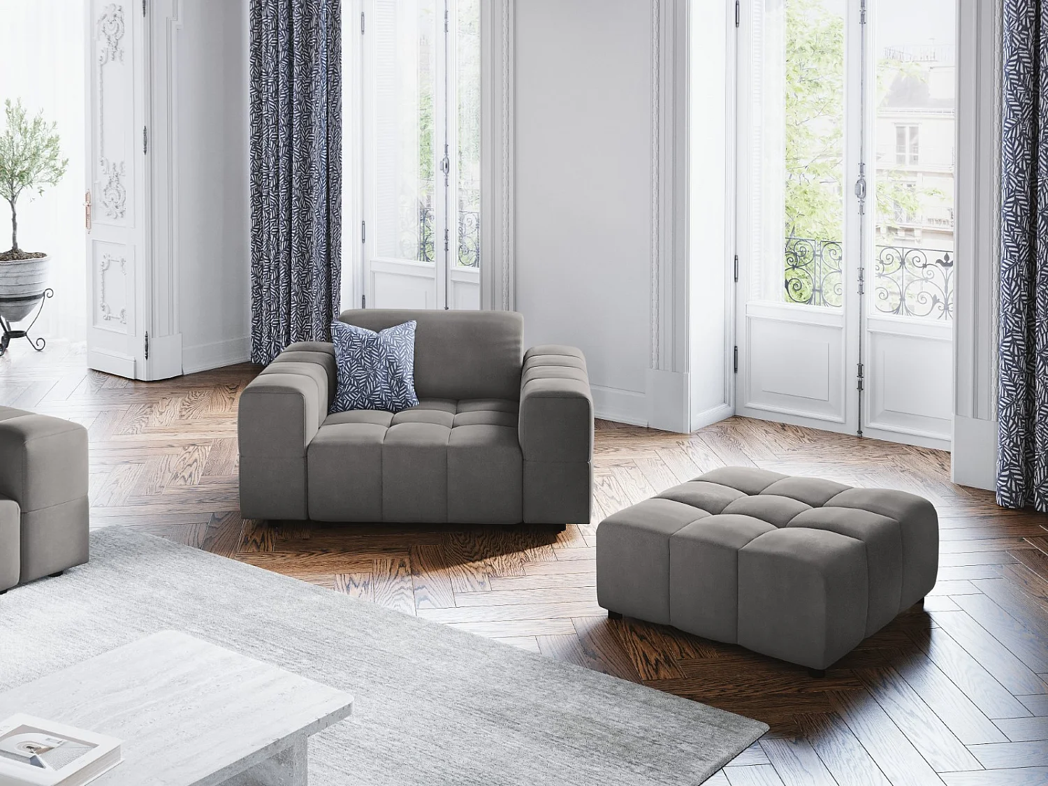 CXL by Christian Lacroix - Fauteuil "Luc" en velours gris clair - 124x102x70cm