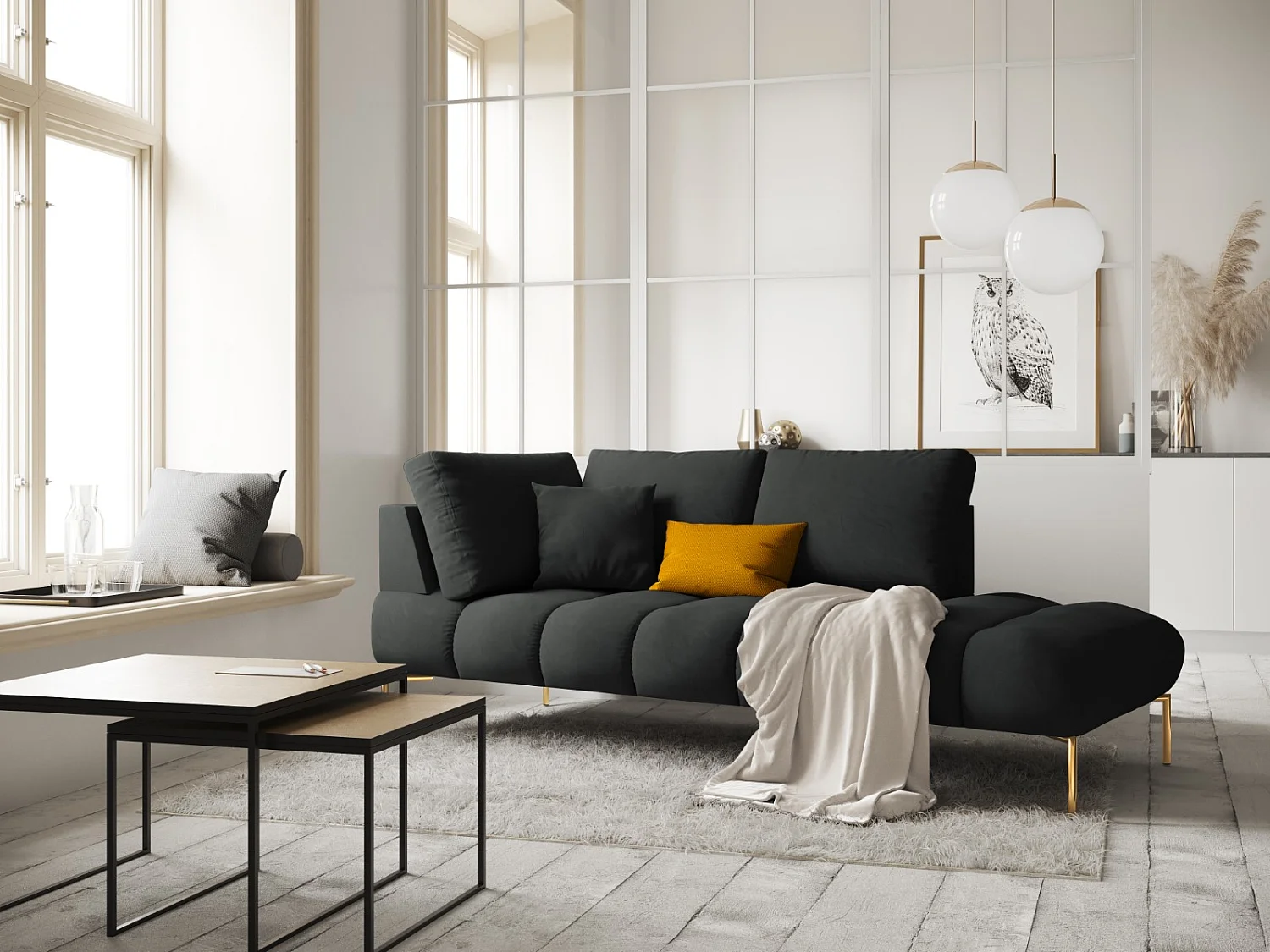 Cosmopolitan Design - Chaise longue direita "Hastings" 2 lugares em veludo cinza escuro - 216x102x75cm