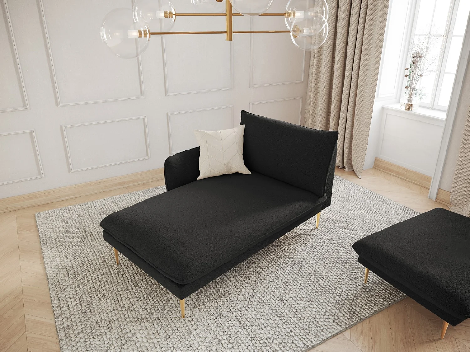 Cosmopolitan Design - Chaise longue de angulo izquierdo "Vienna" de tejido bouclé negro - 170x110x95cm