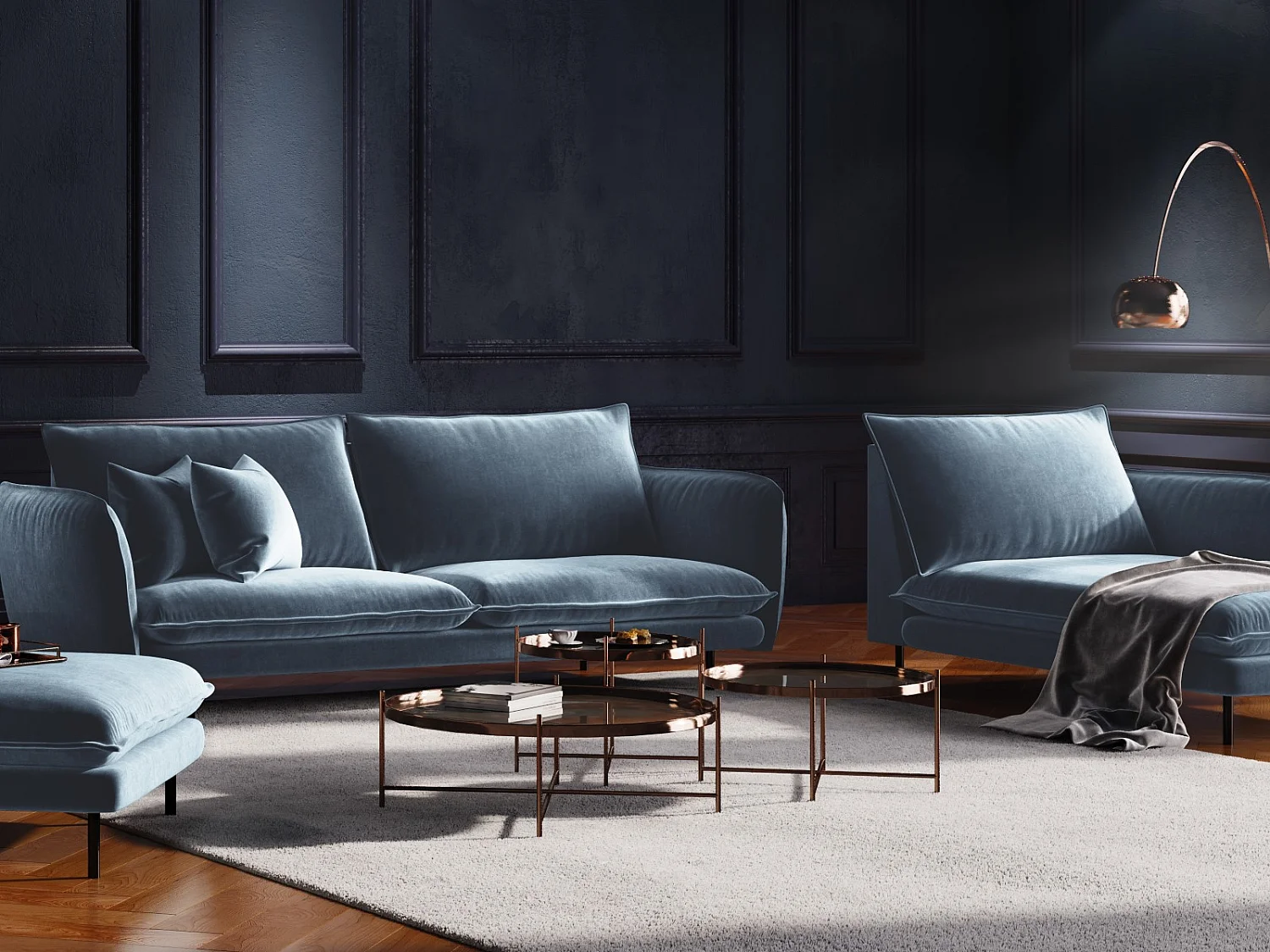 Cosmopolitan Design - Chaise longue de angulo derecho "Vienna" de terciopelo azul - 170x110x95cm