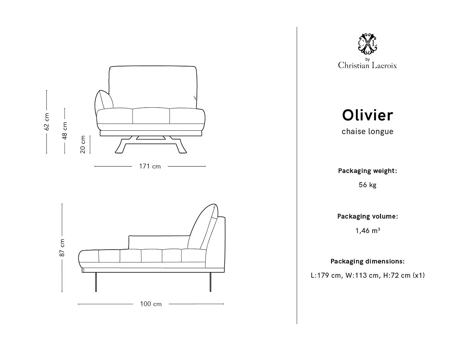 CXL by Christian Lacroix - Linker meridiaan "Olivier" Structurele stof, Lichtbeige - 171x100x87cm