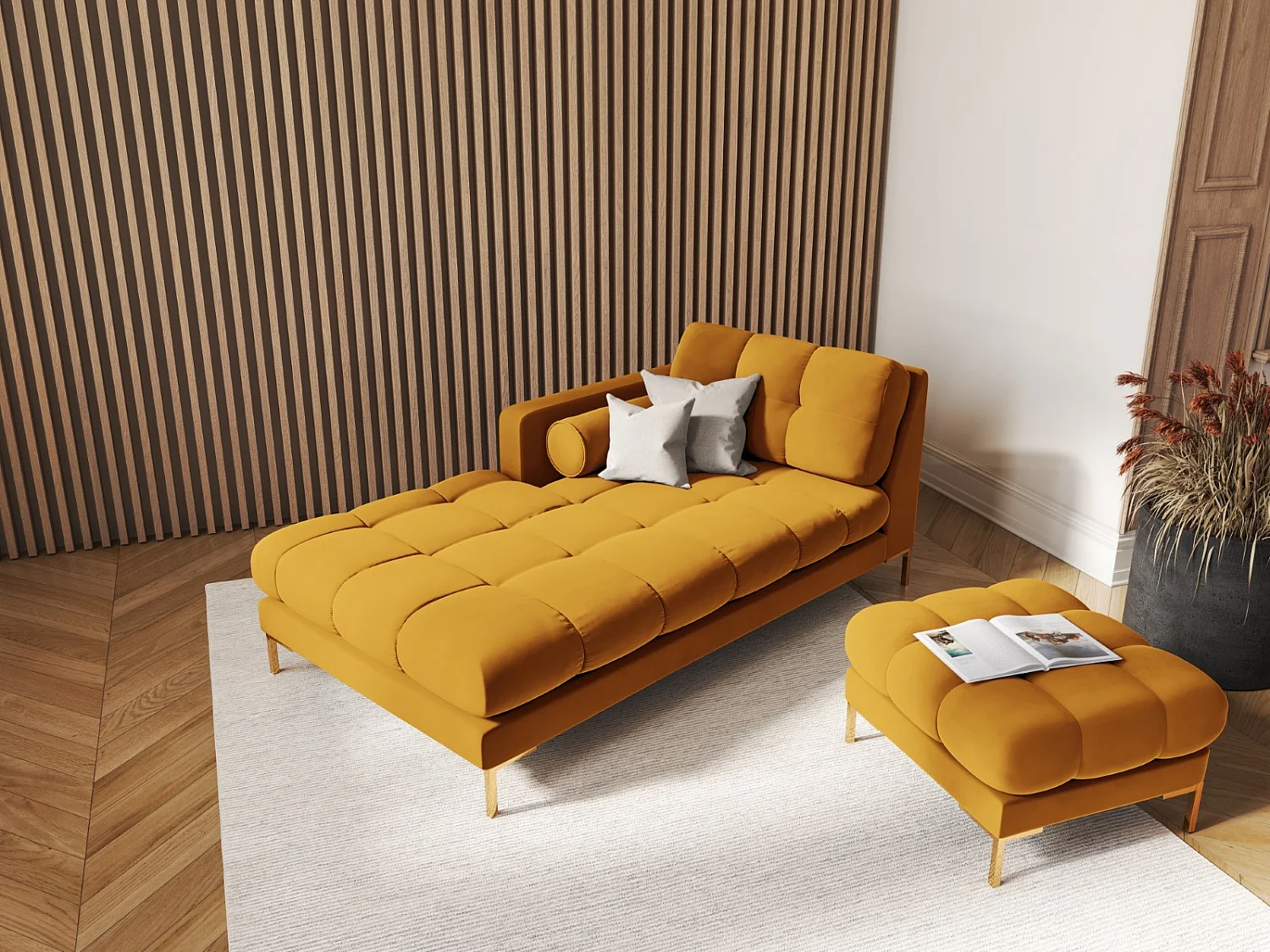 Cosmopolitan Design - Chaise longue esquerda "Bali" em veludo amarelo - 185x102x75cm