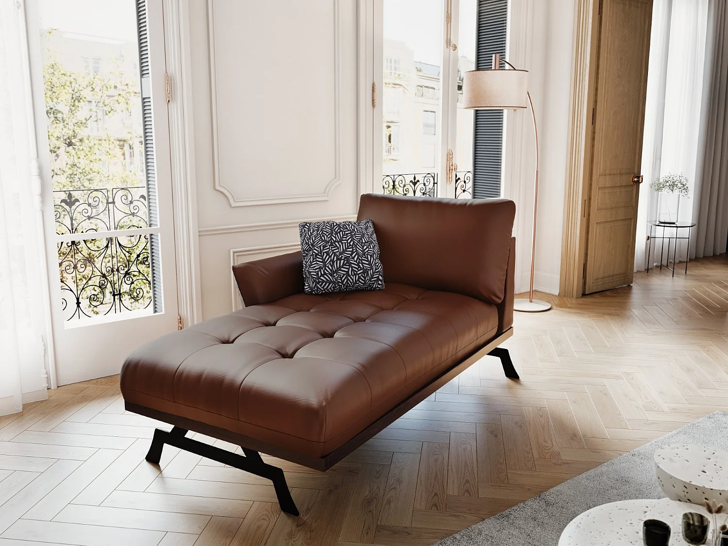 CXL by Christian Lacroix - Méridienne gauche "Olivier" en cuir véritable marron - 171x100x87cm