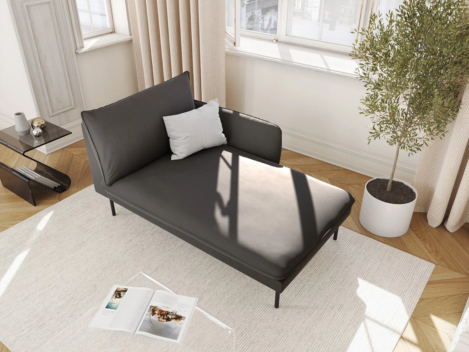Cosmopolitan Design - Chaise longue de angulo derecho "Vienna" de terciopelo gris oscuro - 170x110x95cm