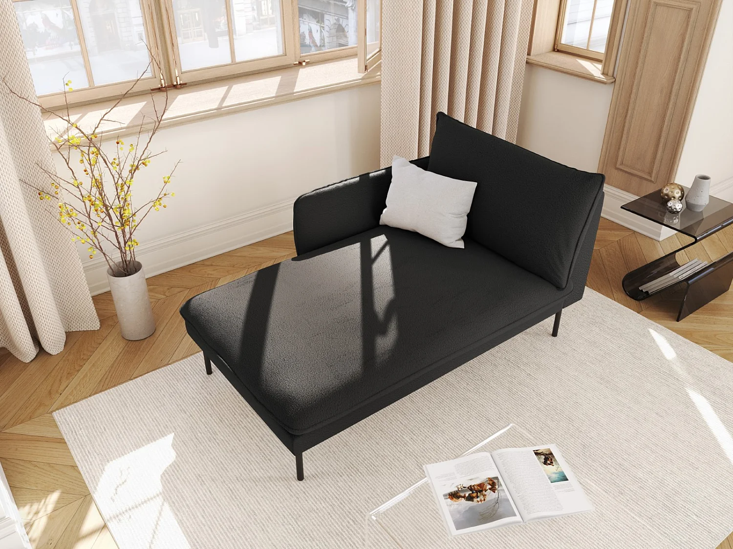 Cosmopolitan Design - Chaise longue esquerda "Vienna" em tecido bouclé preto - 170x110x95cm