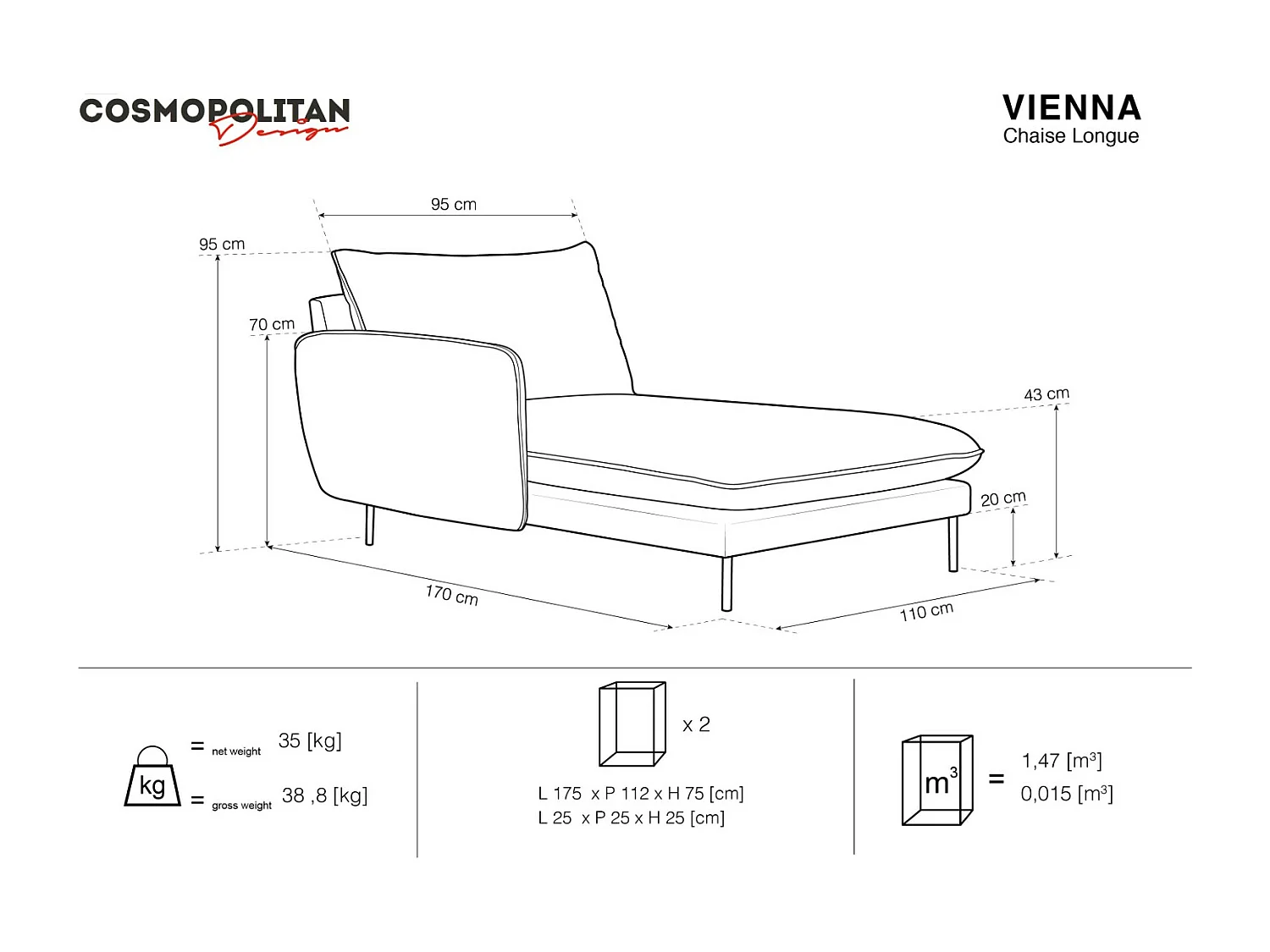 Cosmopolitan Design - Chaise longue esquerda "Vienna" em tecido bouclé preto - 170x110x95cm